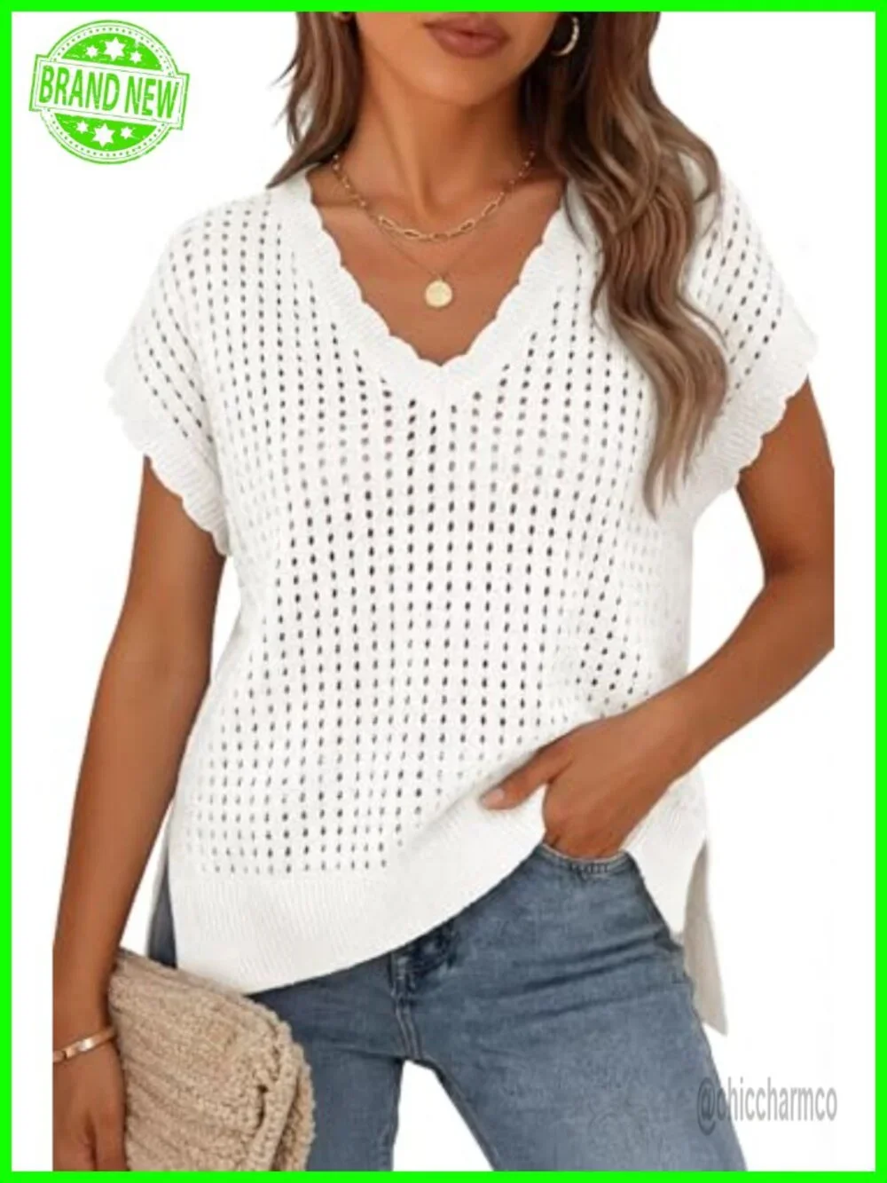 Crochet V Neck Cap Sleeve Sweater Vest - Lightweight Knit Beach Top